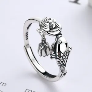 Sterling silver lotus koi fish open ring vintage lucky lotus pod jewelry detail close-up
