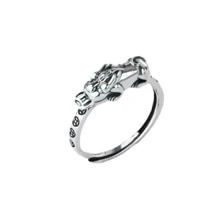 Vintage Thai silver Pixiu open ring for men and women, featuring traditional lucky coins.