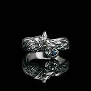 Vintage Retro Antiek Zilveren Vos Ring Dierendesign Open Verstelbare Blauwe Edelsteen Ring Mode Sieraden Voor Vrouwen En Mannen