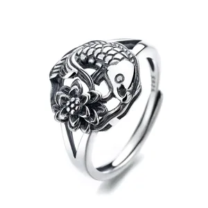 Silver koi fish lotus ring open vintage S925 sterling silver lucky jewelry for women
