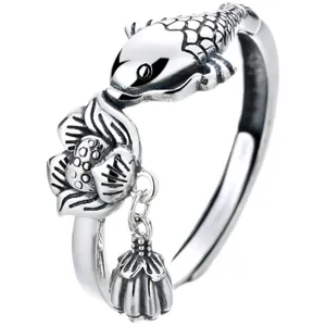 Sterling silver koi fish and lotus pod open ring retro lucky jewelry gift for women