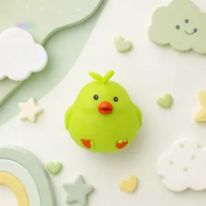 Cute green chick squishy toy close up, soft slow rebound stress relief toy for relaxation.