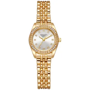 Reloj de cuarzo para mujer de acero dorado con bisel de estrás, reloj elegante de lujo para negocios.