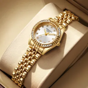 Reloj de cuarzo dorado para mujer de acero inoxidable con bisel de circonitas chic