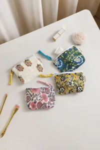 Retro floral coton mini pochette zippée porte-monnaie sac de maquillage portable chic.