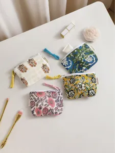 Mini Pochette Vintage en Toile Florale Portable avec Fermeture Éclair Trousse de Maquillage pour Femmes Porte-monnaie de Voyage Petit Sac en Tissu