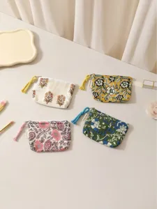 Pochette de monnaie mini en coton à fleurs vintage trousse de maquillage zippée femme