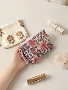 Mini porte-monnaie en coton à fleurs vintage avec fermeture éclair et trousse de maquillage.