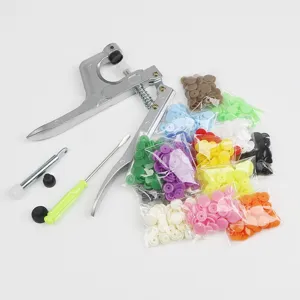 Colorful resin snap buttons kit with installation pliers for DIY sewing and crafts.