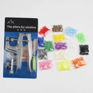 Plastic snap fasteners set with installation pliers and multi-colored buttons for DIY crafts.