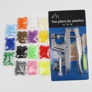 Plastic snap fasteners pliers set with colorful resin snaps for DIY crafts and sewing.