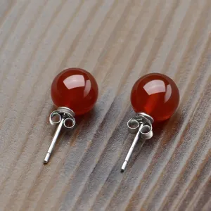 Red agate gemstone ball stud earrings with silver-plated pins for women daily wear.