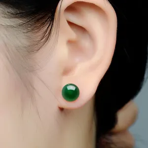 Green chalcedony stud earrings for women sterling silver plated gemstone jewelry gift.