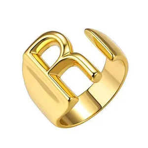 Chique gouden dikke alfabet open ring voor dames, stijlvolle verstelbare metalen briefring.