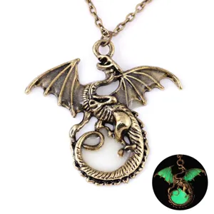 Mens Retro Luminous Flame Dragon Pendant Necklace Alloy Glow In The Dark Statement Jewelry