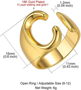Chunky 18K vergulde open verstelbare ring voor dames, stijlvolle dikke statement vingerring.