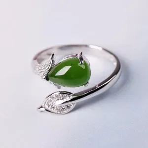 Vintage Retro Blad Vorm Open Ring Legering Strass Imitatie Jade Ringen Voor Vrouwen Mode Vinger Sieraden Cadeau