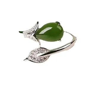 Vintage groene jade blad open ring, prachtige Thai zilveren zirkonia vingersieraad voor dames.