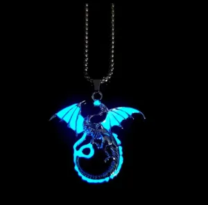 Luminous dragon pendant necklace for men, glowing nocturnal design, cool trendy fashion jewelry.