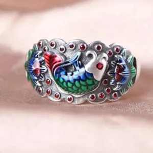 Anillo Abierto Ajustable Estilo Chino Pez Koi Loto Esmalte Plata Tailandesa Nuevo