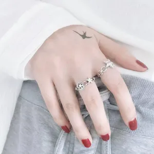 Vintage silver smiley face and star chain open ring set, elegant daily finger jewelry.