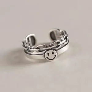 Vintage Antique Silver Open Ring Smiley Face Chain Ring Adjustable Fashion Jewelry Finger Ring Gift For Women Men