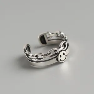 Vintage Sterling Silver Open Ring Featuring Smiley Face and Unique Chain Link Design