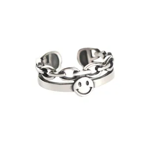 Retro silver smiley face open ring with double chain layer design main product view photo