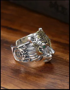 Men vintage tiger head open ring retro hip hop silver ring with green eyes statement jewelry