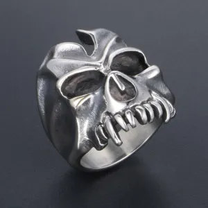 Gothic punk monster skull ring for men vintage silver tone rock biker jewelry piece