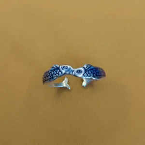 Anillo de plata doble pez retro anillo abierto vintage para mujer accesorio elegante