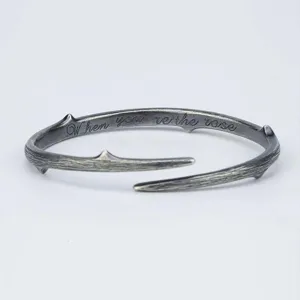 Vintage antique silver thorn branch cuff bracelet detail view, elegant gothic open bangle.