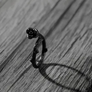 Vintage gothic rose thorn open ring in dark silver tone, elegant and edgy fashion jewelry for daily wear.