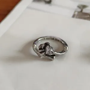 Retro gothic silver ring with thorn design and engraved text, punk style jewelry for daily wear