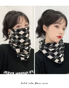 Women winter warm knit face mask and neck cover set, stylish checkerboard windproof design.