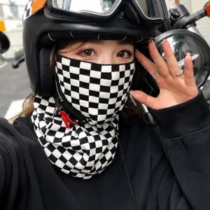 Women Winter Warm Neck Gaiter Face Mask Windproof Cycling Scarf Checkered Houndstooth Cotton Cold Proof Outdoor Neck Warmer