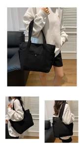Große schwarze Canvas-Einkaufstasche, vielseitige Schultertasche für Arbeit, Schule und Alltag.