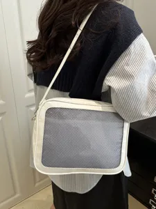 Witte PU ita schoudertas crossbody tas met doorzichtig mesh venster voor dagelijks gebruik.