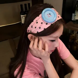 Cerchietto a pois colorati con grande bottone blu retro carino accessorio capelli dopamina
