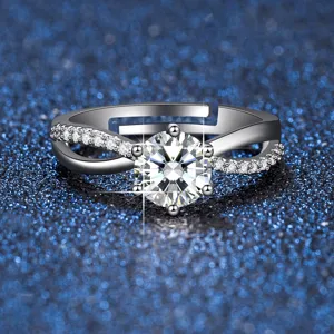 Stunning one carat moissanite ring with six prong setting and sparkly cross band.
