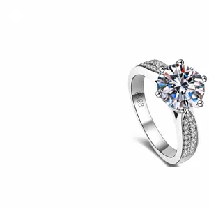Silver moissanite ring with six prongs, elegant sparkle, classic solitaire design.
