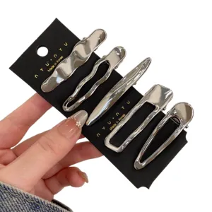 Set de pinces à cheveux en métal argenté pour femmes, barrette bec de canard minimaliste.
