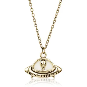 Vintage UFO alien spaceship pendant necklace with glowing effect, perfect Sci-Fi jewelry gift.