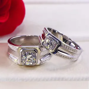 Detail shot of luxury men simulation diamond ring with sparkling zircon and platinum plated band.