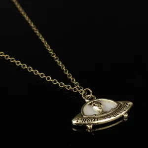 Vintage bronze UFO alien pendant necklace luminous sci fi design jewelry fine gift.