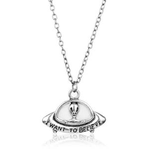 Vintage Alloy UFO Alien Pendant Necklace Glow In The Dark Retro Science Fiction Jewelry Gift