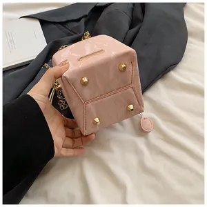 Pink small box handbag for women, stylish crossbody chain bag with metal feet and secure lock.