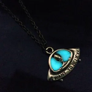 Luminous UFO alien spaceship pendant necklace glowing in dark vintage bronze necklace jewelry