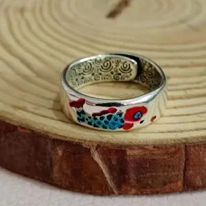 Anillo Abierto Koi Esmalte Cloisonne Vintage Estilo Chino Plata Joya Detalle Vista Macro
