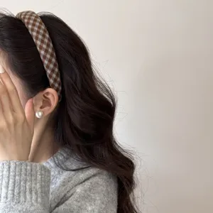 Französisches Vintage braunes Karo breites Stirnband für Herbst Winter Haarreif Accessoire